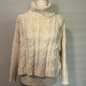 Cream, cable, knit sweater, cropped, oversized, turtleneck, size medium